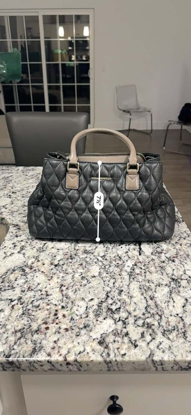 Vera Bradley Quilted Leather Satchel Tote Black Taupe Floral Lining - Picture 6 of 10